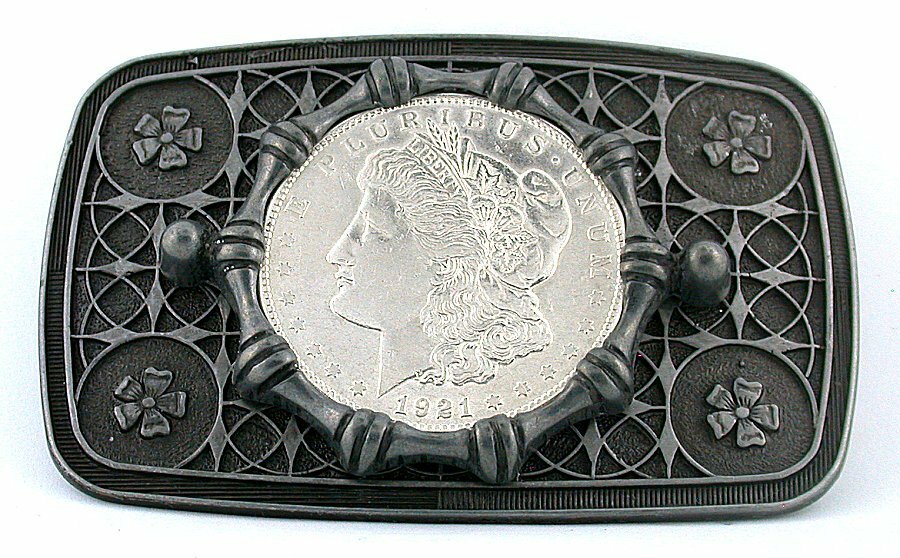 Silver Pewter Color REAL 1921 Morgan Silver Dollar Belt Buckle EPBB88