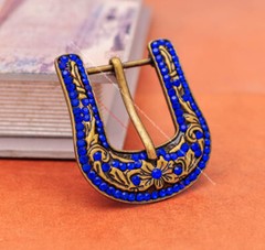 Brass Blue Crystal Rhinestone Western Floral Belt Buckle Set Fit 30MM Strap