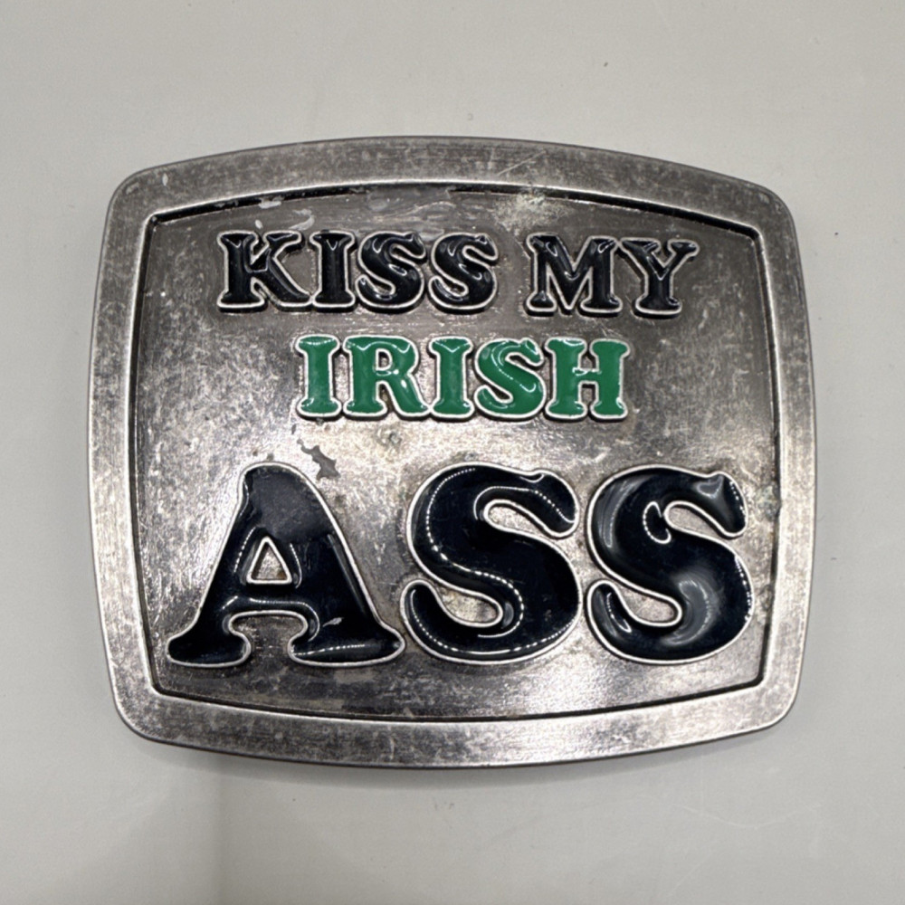 Kiss My Irish Ass Novelty Metal Belt Buckle Silver Black Green Fits 1.5in