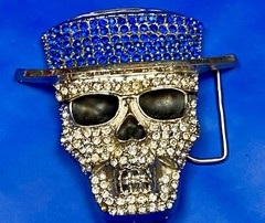 Figural Skull In Top Hat – Major Blue & White Rhinestone&rsquo;s! Belt Buckle