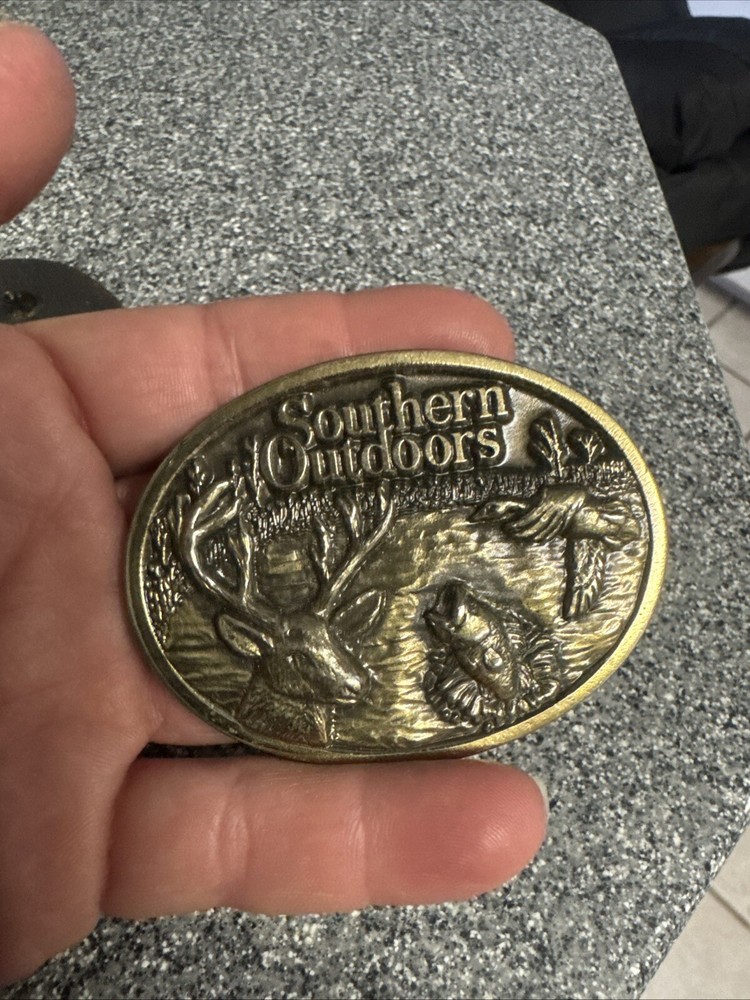 Belt Buckle Southern Outdoors Deer Bass Fish Duck Gold Limited Edition Vintage