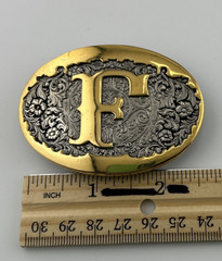 Cowboy Rodeo Western Metal Belt Buckle Letter « F » 2.5&Prime; x 1.2&Prime; Gold & Silver Tone
