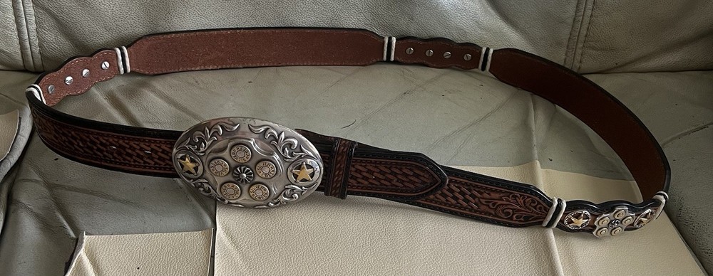 Silver Creek Belt Buckle Bullets Western Two Tone Revolving Center Cylinder Belt