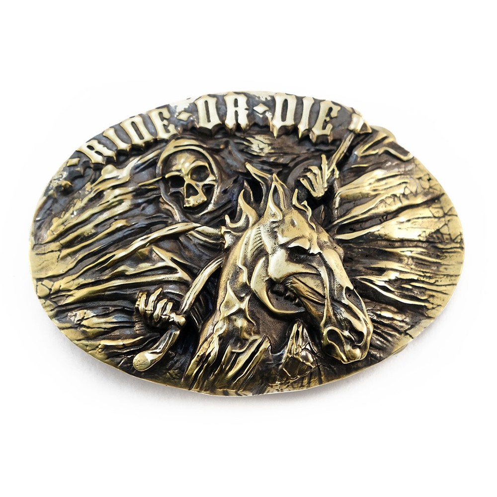Biker RIDE OR DIE belt buckle with skull and dead horse, Solid brass belt buckle