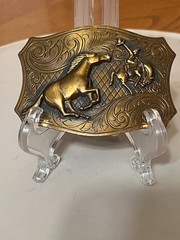 VINTAGE HORSE BRONCO COWBOY UNMARKED SCROLLING BRASS BELT BUCKLE