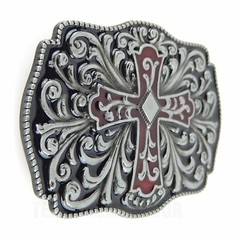 Floral Cross Belt Buckle Antique Silver Tone Fits 1.5&Prime; Belts Red Black Enamel