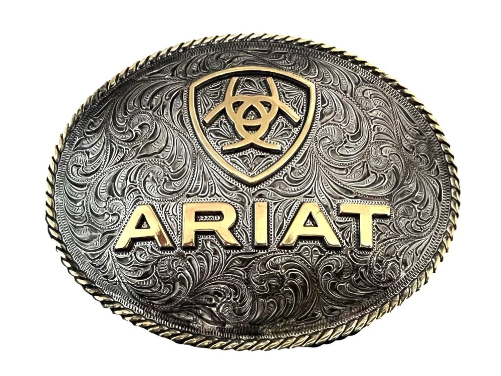 ARIAT Men&rsquo;s Antique Silver and Gold Oval Belt Buckle Rope Edging