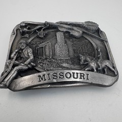 Vintage Missouri State Belt Buckle Pioneer Log Cabin Fiddle Banjo Pewter Tone