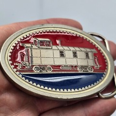 Vintage Belt Buckle Train Railroad Caboose American Red Metal Oval Engraved