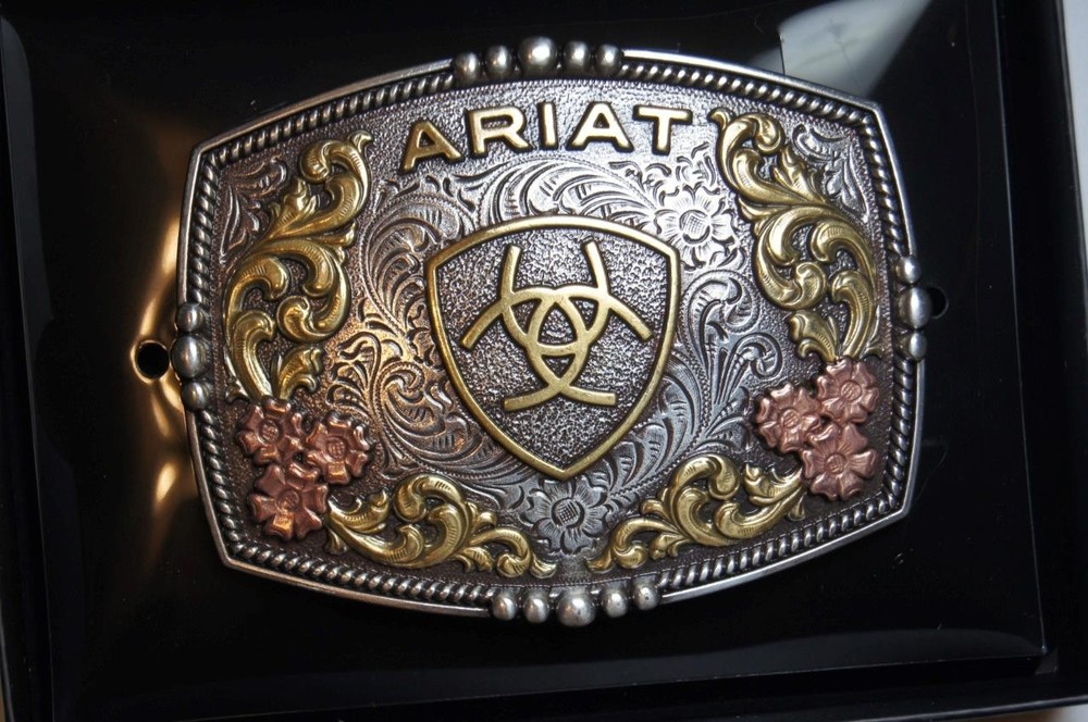 Ariat Western Belt Buckle Rectangle Floral Logo Silver & Gold Tone A37066