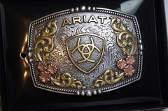 Ariat Western Belt Buckle Rectangle Floral Logo Silver & Gold Tone A37066