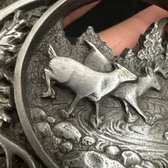 NICE PEWTER 1990 C + J INC DEER SCENE AND ANTLER BELT BUCKLE MADE IN USA