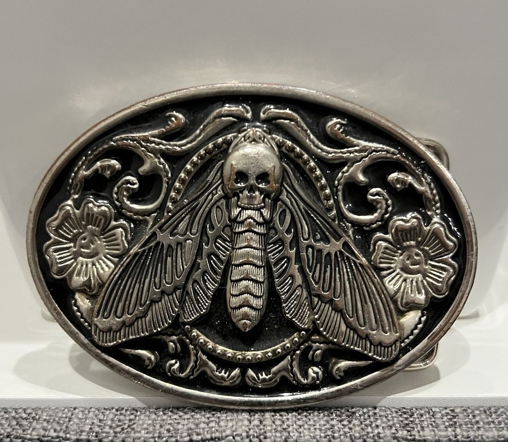 Vintage Western Dead Head Moth Belt Buckle Metal Skull Insect Goth Punk