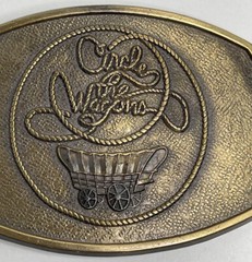 Vintage Western Belt Buckle Circle The Wagon Cowboy Rustic Pioneers Signed RJ