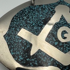 Vintage Masonic Belt Buckle Turquoise Chip Inlay Compass Silver Tone