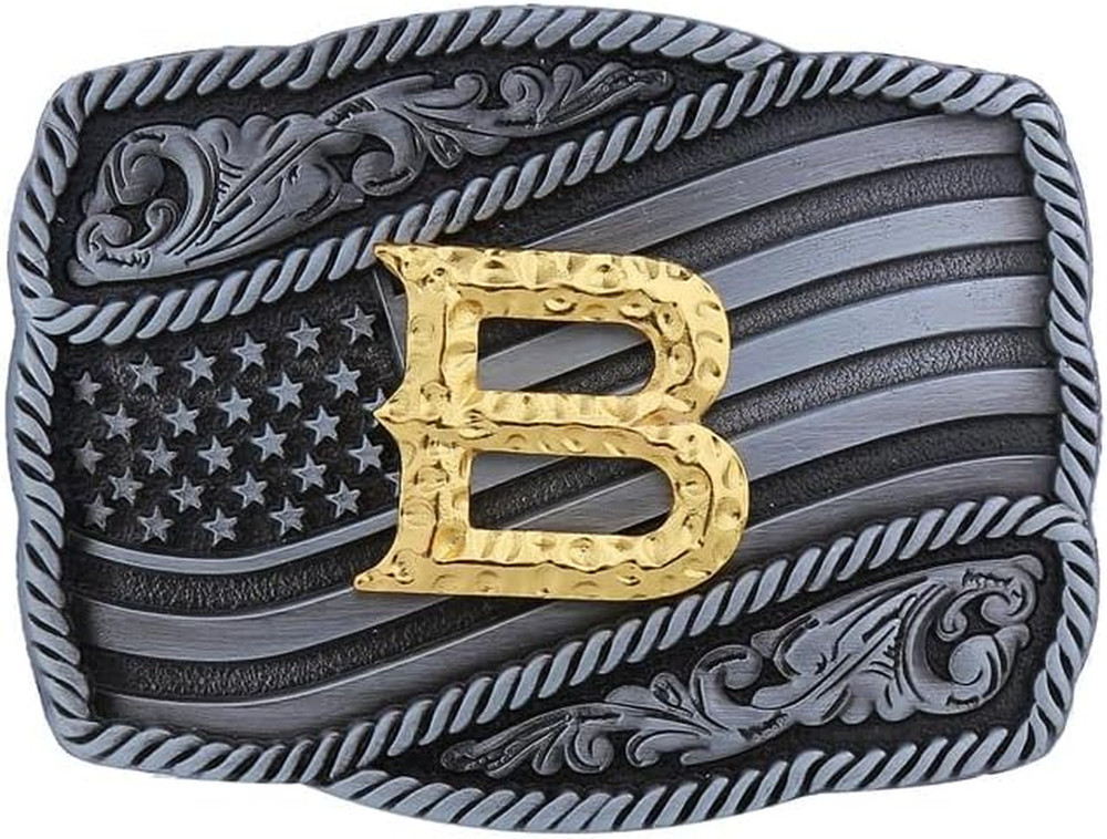 Western Cowboy Initial Letters A-Z American Flag Belt Buckle for Men Fathers Day
