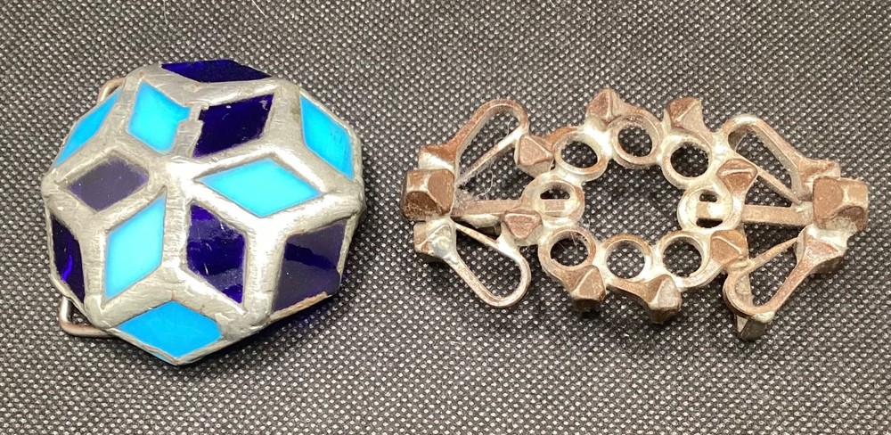 Two Unique Handcrafted Belt Buckles 1970s Blue Silver Used Good