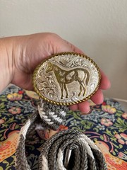 Crumrine Western Belt Silver Horse Design & Braided Gray-White Belt 30 Inches