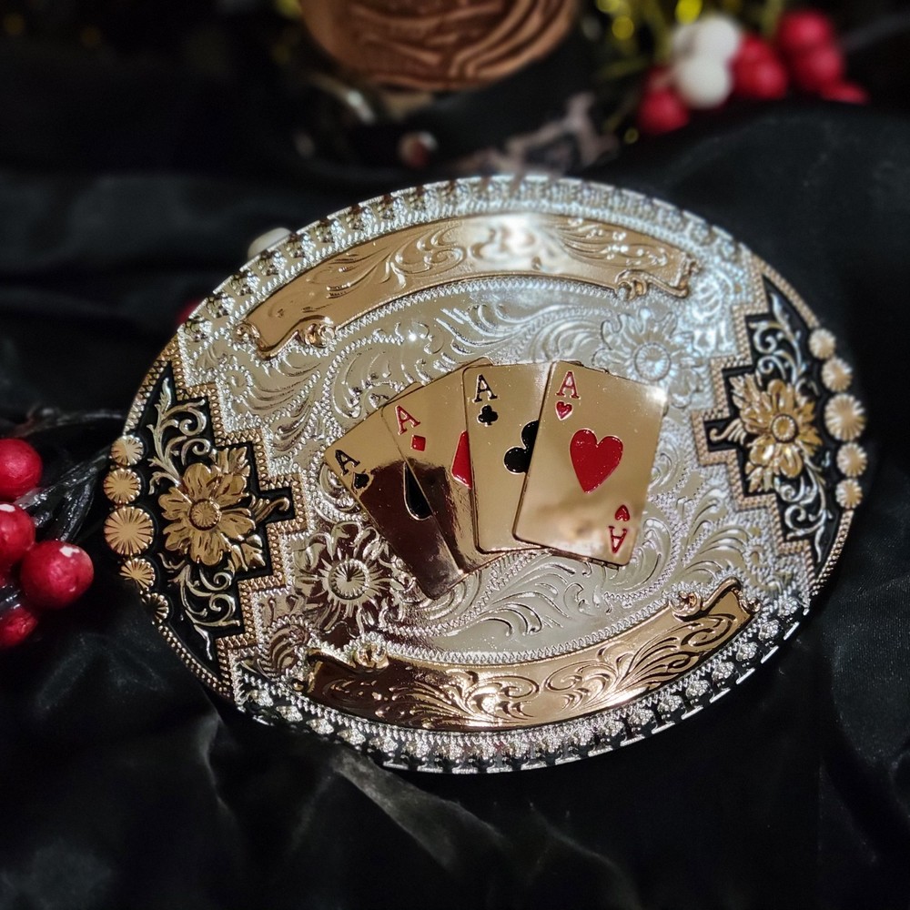 Four Aces Western Belt Buckle Cowboy Fashion Rodeo Oval Buckle Silver & Rosetone