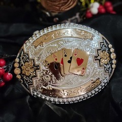 Four Aces Western Belt Buckle Cowboy Fashion Rodeo Oval Buckle Silver & Rosetone