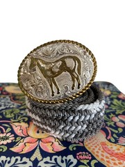Crumrine Western Belt Silver Horse Design & Braided Gray-White Belt 30 Inches