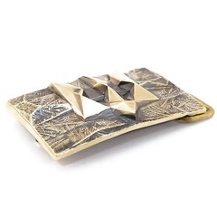 Handmade brass belt buckle « Ice and fire », Ukrainian trident low poly geometric