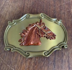 Vintage Horse Head Western Brass Belt Buckle Scalloped Raintree Made In USA 70s