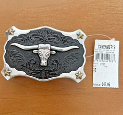 Cavender’s Bull Silver and Black Belt Buckle with Stars NWT Size 32