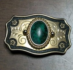 Vtg Southwestern Emerald Green Gem Stone Gold Tone With Black Belt Buckle