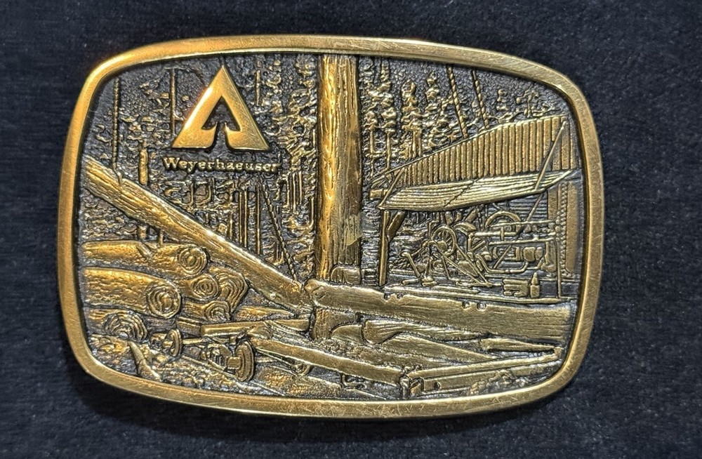 Vintage 80s Western Workwear BELT BUCKLE WEYERHAEUSER BTS Solid Brass