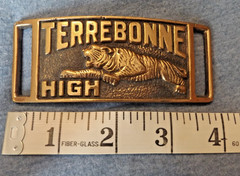 VINTAGE TERREBONNE HIGH SCHOOL BRASS BUCKLE « GO TIGERS » HOUMA,LOUISIANA