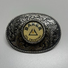 Baker Oil Treating Belt Buckle Vintage Western Floral Oval Silver Tone