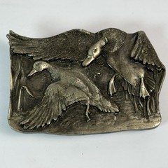 Vintage Bergamot Brass Works Belt Buckle Silver Ducks Pewter 1977 USA Hunting