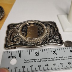 Vtg Silver Dollar Coin Gem Stone Holder Bezel Belt Buckle Black Inlay nos estate