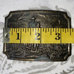 Vtg brass belt buckle western pioneer wagon trail cowboy horse approx 3.5&Prime;x2.5&Prime;