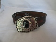Black Agate Cabochon Stone Buckle & Belt Silver Tone W/ Scroll Accents Size 42