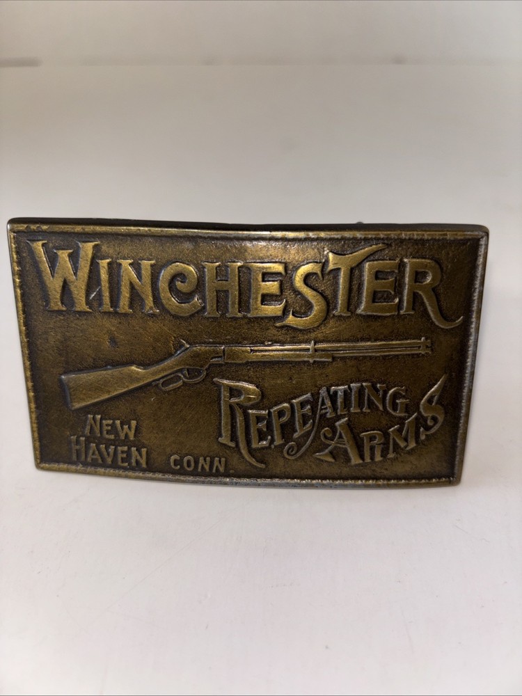 Vintage Winchester Repeating Arms Brass Belt Buckle Rifle New Haven CT Western