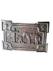 Nocona Mens Belt Buckle 3.5 x 2.5 in Cowboy Horse Cross Western Silver 1.5