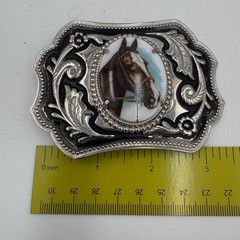 Vintage Western Horse Portrait Belt Buckle Silver Tone Floral Scrollwork Cowboy
