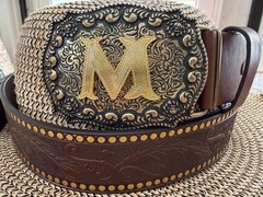 Antiqued Silver Letter Initial M Gold Classic Rectangle Flower Belt Buckle