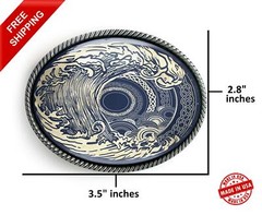 Tsunami Belt Buckle – Ornate Ocean Wave Tattoo Art Handmade Buckle – 33