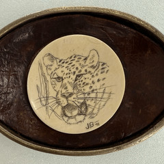 Vintage Barlow 1978 Brass authentic Scrimshaw and leather Buckle signed