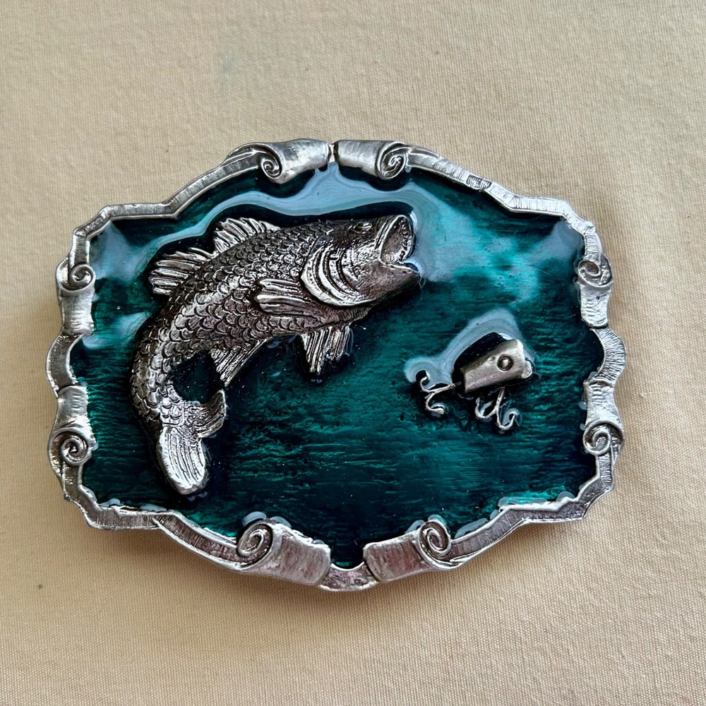 Fish Belt Buckle Green Enamel Metal Largemouth Bass and Lure 2007