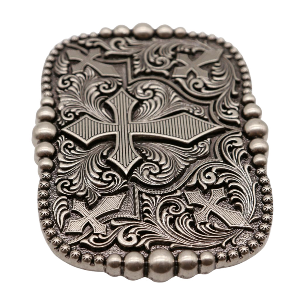 Men Women Western Belt Buckle Rusty Silver Metal Cross Religious Fun Casual Look