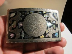 VINTAGE ALPACA SILVER SUNDIAL BELT BUCKLE MOTHER OF PEARL INLAY – GW-26