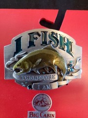 VINTAGE 92’ BELT BUCKLE « I FISH THEREFORE I AM » FINE PEWTER BROWN TROUT NEW