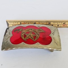 Vtg 70s Shriners Masonic Belt Buckle Red Silver Gold Scimitar Crescent Western