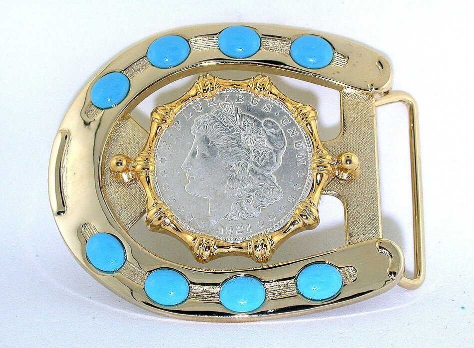 1921 Morgan Dollar Resinated Baby Blue Cabochon Gold Color Horseshoe Belt Buckle