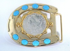 1921 Morgan Dollar Resinated Baby Blue Cabochon Gold Color Horseshoe Belt Buckle