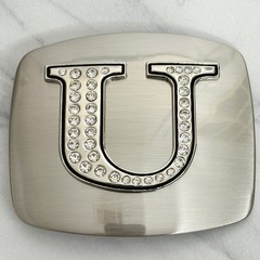Letter U Rhinestone Initial Monogram Silver Tone Belt Buckle – 3.16&Prime; x 2.78&Prime;